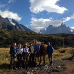 The team yesterday morning before they left Refugio Paine Grande. Not a bad view there! (Photo Tadeo Sotomayor)