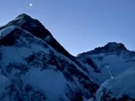 Headlamps below the Yellow Band and at the South Summit on Mount Everest (photo taken from Pumori Camp 1)(Ang Jangbu Sherpa)