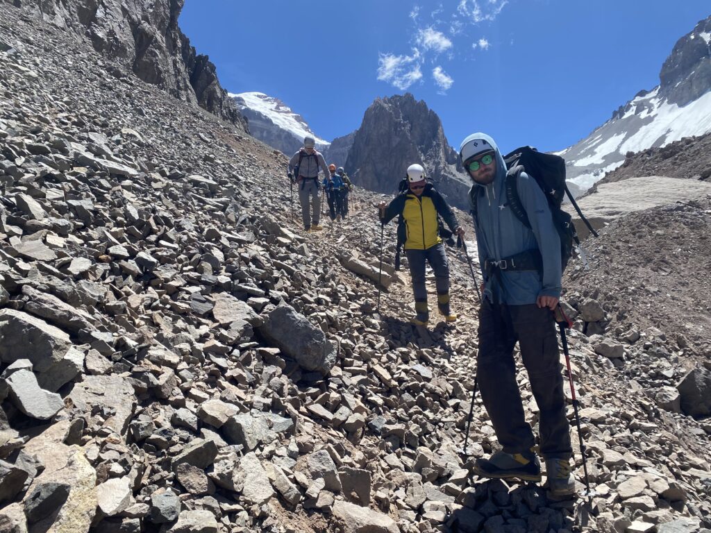 The IMG team descends back to Plaza Argentina after a successful carry to Camp 1 (Tyler Nachand)