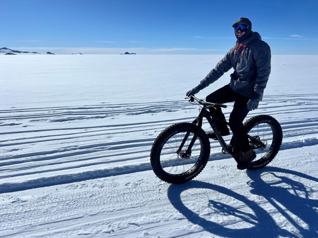 Making the most of the weather delays at UG, fat biking on the 10k groomed loop (Max Bond):