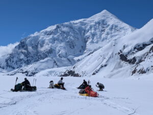 A team rests below 11K Camp on the lower mountain of Denali/McKinley