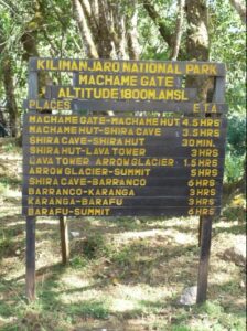 The sign at Machame trailhead (Max Bond)