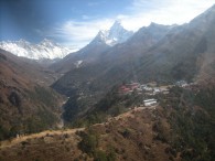 Helicopter view of the Dudh Kosi valley with Nuptse, Everest, Lhotse, Ama Dablam and Tengboche monastery (Eric Simonson)