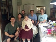 IMG guides Jonathan Schrock, Greg Vernovage, Josh McDowell, Ang Jangbu, and Justin Merle with the legendary Liz Hawley in Kathmandu