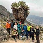 The Kili climbers by a giant grounsel on the way to Barranco (Max Bond)